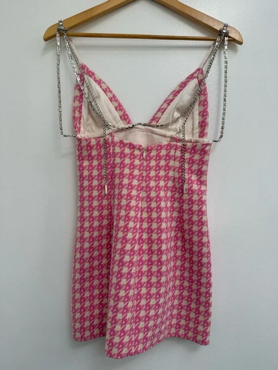 AREA Pink and White Tweed Dress with Silver Chain Detail - Picture 9 of 10